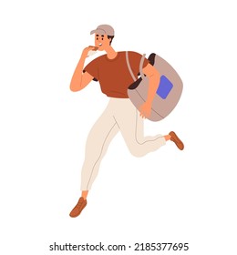 Busy man running, hurrying. Active hectic person eating food, having snack on the go. Happy guy is late for urgent business. Lack of time concept. Flat vector illustration isolated on white background