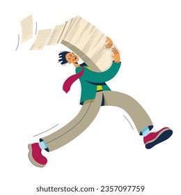 Busy man running with stack of paper in hand. Businessman holding a lot of documents.