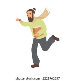 Busy man rushing to work cartoon illustration. Man running being late to work. Occupation concept