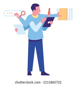 Busy man at work. Multitasking person with many arms