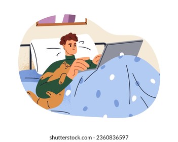 Busy man working in bed. Overworked person lying with laptop computer late at night time at home. Freelancer overloaded with businesses. Flat graphic vector illustration isolated on white background