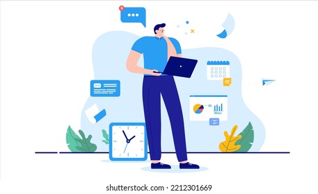 Busy Man Working With Data And Computer Standing Holding Laptop With Busy Schedule And Lots Of Work To Do. Flat Design Vector Illustration With White Background