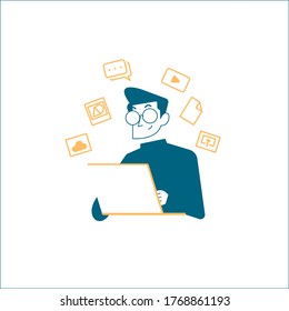 Busy man working from home with laptop. Freelance concept flat design vector illustration