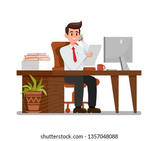 Busy Man at Workplace Flat Vector Illustration. Office Worker Talking on Phone Cartoon Character. Secretary, Personal Assistant, Sales Manager. Businessman at Workspace. Working Hours