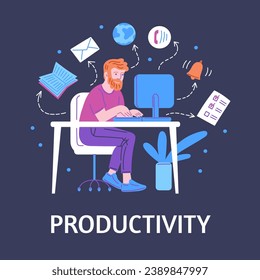Geschäftsführer oder Geschäftsmann, der Computer anschaut, Notizen schreibt, Aufgaben erledigt, Diagramme analysiert. Effektives Zeitmanagement, Produktivitätsablauf, effizientes Multitasking, Planen von Vektorplakaten