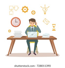 Busy manager work with documents. Young businessman sit at office table and work on laptop. Effective working and time organization, corporate business vector illustration in flat style.