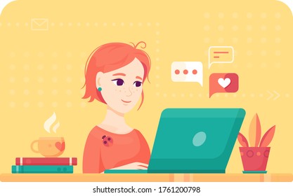Busy mindful redhead girl working and chatting on the notebooklaptop. Bright flat cartoon illustration