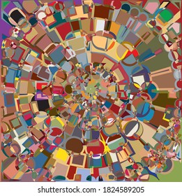 Busy mixture of concentric circles based rounded and stripe shapes, creating colorful, modern pattern
