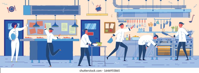 Busy Modern Restaurant Kitchen Interior Background With Professional Cooking Equipment. Working Cooks, Chefs And Assists Employees Staff, Men And Women Cartoon Characters. Flat Vector Illustration.