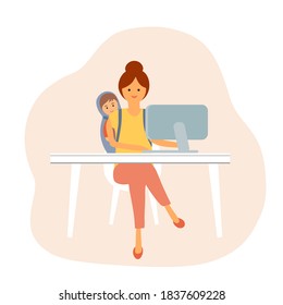 Busy mom carry her baby while working with computer. Single mom taking care of her daughter alone. Single parent family.