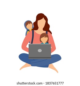 Busy mom carry her baby while working with laptop computer. Single mom taking care of her son and daughter alone. Single parent family.