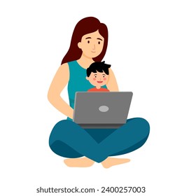 Busy mom carry her baby while working with laptop computer. Single mom taking care of her son alone. Single parent family.