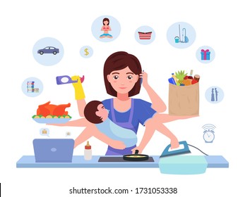Busy Mom. Cartoon Character Multitasking Super Mother With Baby Doing Household Chores. Vector Illustration Woman Busy Mom Housewife Is Doing Housework. Housewife Juggles Household Stuff.