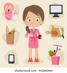 Busy Mom Concept. Woman In A Bath Suit With Coffee And Many Things To Do During The Day Around Her. Vector Cartoon Illustration.  Eps 10