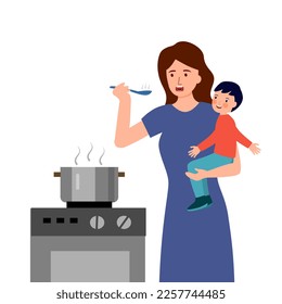 Busy mom cooking in the kitchen vector illustration on white background.