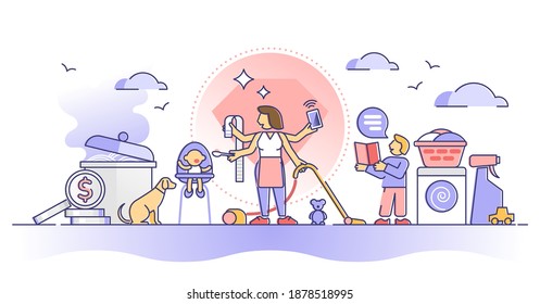 Busy mom daily routine with home multitasking duties and work outline concept