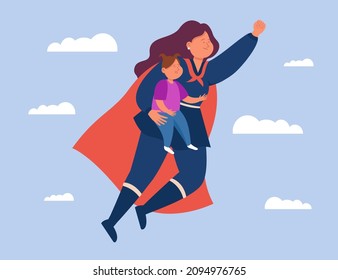 Busy mom dressed as superhero flying with daughter. Happy young mother holding girl, hero costume flat vector illustration. Family, motherhood concept for banner, website design or landing web page