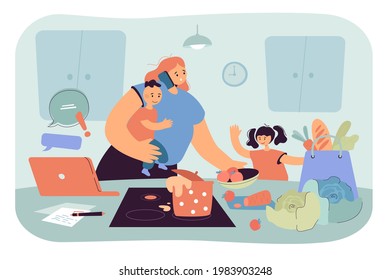 Mamá ocupada sosteniendo a su bebé y haciendo tareas. Mujer trabajando, cuidando a los niños, cocinando en casa, caos ilustración vectorial plana. Familia, concepto de maternidad para banner, diseño de sitios web o página web de inicio