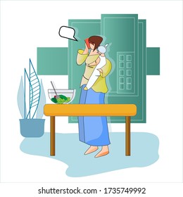 busy mom with kid cookin.  Beautiful modern mom is  speaking the phone in the kitchen while her cute little baby is sitting on her hands