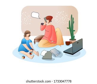 busy mom with kid working at home. Beautiful business mom is using a laptop and speaking the phone. while her cute little baby is sitting and playing on the floor.