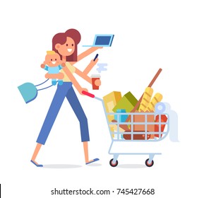 Busy Mom - mother with baby, working and make a shopping.
Multitasking woman. Vector flat cartoon illustration.
