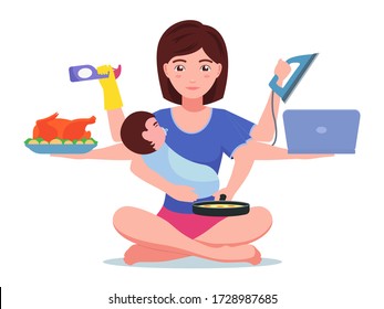 Mamá ocupada. Multitarea super ama de casa de mujer sentada en posición de loto. Dibujo vectorial personaje de dibujos animados super ocupado mamá haciendo tareas domésticas. La madre con un bebé en los brazos hace las tareas domésticas.