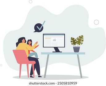 Busy mom professional working while taking care of kid.flat design with people.