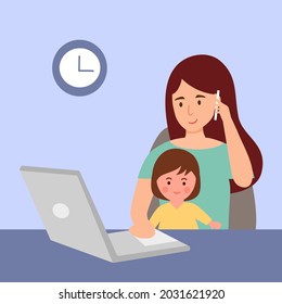 Busy Mom Sitting With Her Baby While Working With Laptop Computer. Single Mom Taking Care Of Her Daughter Alone. Single Parent Family.