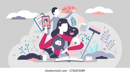 Busy mom vector illustration. Mother routine house works flat tiny persons concept. Multitasking chaos with cooking, kids learning, home cleaning and efficient time management. Task overload scene.