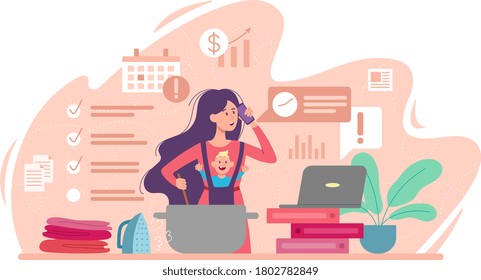 Busy Mom With Young Baby Multitasking Her Housework And Business, Colored Flat Vector Illustration. Overloaded Person Concept