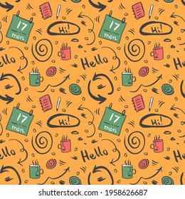 Busy morning concept. Green and orange Vector doodle seamless pattern. Office business concept. Hand drawn monochrome illustration for notebook cover, wallpaper, fabric. EPS10