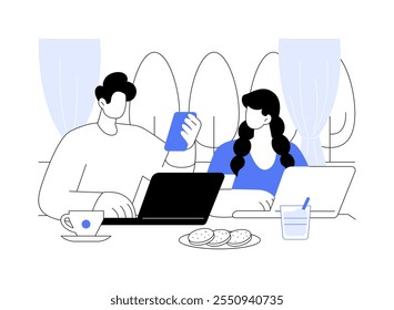 Mañana ocupada Ilustraciones vectoriales de dibujos animados aislados. Pareja comiendo y trabajando al mismo tiempo en la mañana, día ocupado, estilo de vida de la gente, rutina casera, dibujos animados de Vector de tiempo de presión.