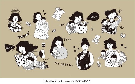 busy mother with baby illustration set Doodle vector illustration