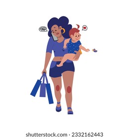 Busy mother with a child in her arms carries bags and talks on a mobile phone