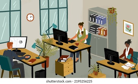 Busy mother with child at office workplace. Woman holding her baby and working on computer. Working mom concept vector poster. Maternity and career