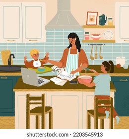 Busy mother with child work and study at home. Woman feeding her baby and working on computer in the same time. Working mom concept vector poster. Maternity and career