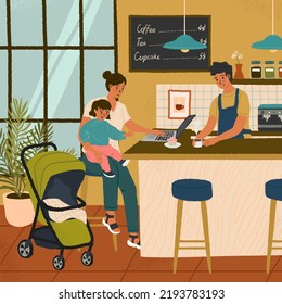 Busy mother with child works in cafe. Woman holding her baby and working on computer. Working mom concept vector poster. Maternity and career