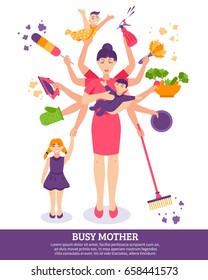 Busy mother concept with children household items and toys flat vector illustration 