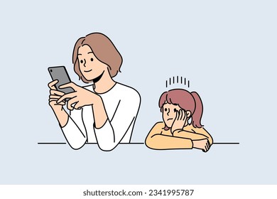 Busy mother does not pay attention to child, being addicted to mobile phone and forgetting about daughter. Woman with smartphone is not engaged in raising child due to lack of time. 