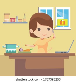 Busy mother doing simultaneously many tasks cooking reading laptop working and talking on the phone. character chibi multitasking.