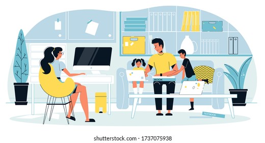 Busy mother freelancer engaged in online work at computer. Father teaching kid to use laptop, doing homework. Remote job occupation, freelance, ecommerce. Home situation. Cozy living room interior