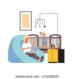 busy mother freelancer working at home using laptop little son playing with toys in crib freelance maternity coronavirus quarantine self-isolation concept full length vector illustration