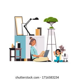 busy mother freelancer working at home using laptop little daughter playing with toys freelance maternity coronavirus quarantine concept full length vector illustration