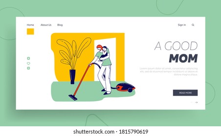 Busy Mother Houseworking Landing Page Template. Female Character with Vacuum Cleaner and Little Baby on Hands doing Household Chores. Cleaning Home. Family Routine Duties. Linear Vector Illustration