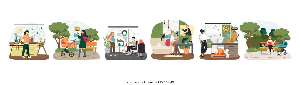 Busy mother lifestyle scene set, vector illustration. Business woman taking care of baby and working from home.