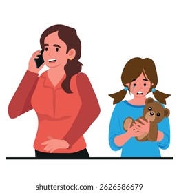 Busy mother on her phone ignoring her daughter, vector illustration.