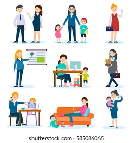 Busy mother and pregnant woman set working in office at home and doing housework part isolated vector illustration