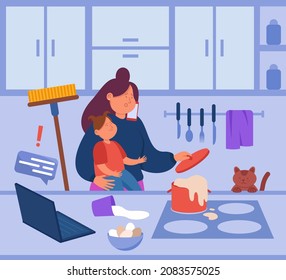 Busy Mother Stressing Over Work And Household Tasks. Mom Holding Baby, Talking On Phone And Cooking, Chaos At Home Flat Vector Illustration. Family, Stress, Time Management Concept For Banner