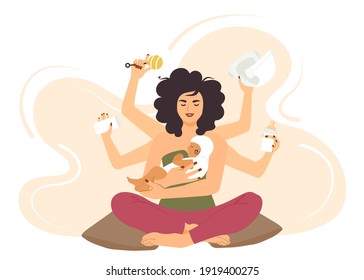 Busy Mother Taking Care Of Her Child. Multitasking Mom With Six Hands Changes Diapers, Feeds, Puts Her Baby To Bed. Flat Vector Illustration.