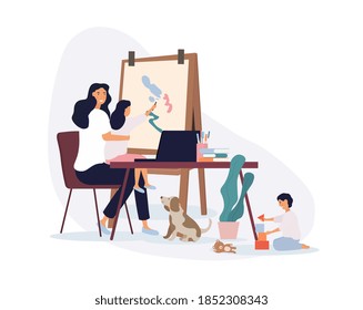 Busy mother watching her children and dog with one young child painting and the other playing on the floor, colored flat cartoon vector illustration with fictional characters